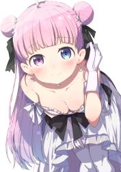 Rule 34 | 1girl, ahoge, bare shoulders, bent over, black bow, blue eyes, blush, bow, breasts, cleavage, closed mouth, collarbone, commentary request, crescent, crescent hair ornament, double bun, dress, feet out of frame, frilled dress, frills, gloves, hair bun, hair ornament, hand up, heterochromia, high-low skirt, himemori luna, himemori luna (4th costume), hololive, long hair, medium breasts, off-shoulder dress, off shoulder, okota mikan, pantyhose, pink hair, purple eyes, smile, solo, standing, star (symbol), star hair ornament, transparent background, very long hair, virtual youtuber, white dress, white gloves, white pantyhose