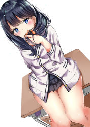 10s 1girl black_hair black_skirt blue_eyes blush cardigan chair commentary_request covered_mouth desk dutch_angle gridman_universe highres long_hair looking_at_viewer miniskirt on_desk orange_scrunchie pleated_skirt school_chair school_desk scrunchie simple_background sitting on_desk skirt solo ssss.gridman takarada_rikka white_background white_cardigan yukishiro_arte