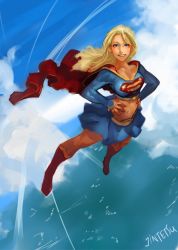 Rule 34 | 1girl, alien, artist name, blonde hair, blue eyes, boots, cape, cloud, crop top, day, dc comics, flying, full body, hands on own hips, jintetsu, knee boots, kryptonian, long hair, long sleeves, looking at viewer, midriff, navel, red cape, red footwear, s shield, shoes, skirt, sky, smile, solo, supergirl, superman (series), water