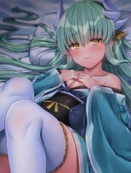 Rule 34 | 1girl, bad id, bad pixiv id, bed, blush, breasts, cleavage, fate/grand order, fate (series), green hair, hair between eyes, hands on own chest, heart, highres, horns, japanese clothes, kiyohime (fate), long hair, looking at viewer, lying, navy (navy.blue), on back, pillow, sash, smile, solo, thighhighs, very long hair, white thighhighs, yellow eyes