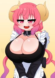 Rule 34 | 1girl, absurdres, apron, black dress, breasts, cleavage, cowboy shot, curled horns, dress, fang, gradient background, gradient hair, half-closed eyes, highres, horns, huge breasts, ilulu (maidragon), kobayashi-san chi no maidragon, maid, multicolored hair, open mouth, pink eyes, pink hair, pointy ears, purple hair, simple background, slit pupils, smile, smug, solo, standing, the only shoe, two-tone hair, white apron, yellow background
