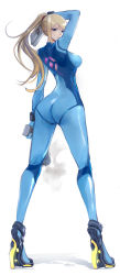 Rule 34 | 1girl, arm up, artist name, ass, blonde hair, blue bodysuit, blue eyes, blue footwear, bodysuit, breasts, eyelashes, from behind, full body, gun, high heels, high ponytail, highres, holding, holding gun, holding weapon, large breasts, legs, long legs, looking at viewer, metroid, nintendo, red scrunchie, samus aran, scrunchie, shadow, shiny clothes, simple background, skin tight, smoke, smoking gun, solo, thighs, tommy (kingdukeee), weapon, white background, zero suit