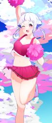 Rule 34 | 1girl, ;), ;o, absurdres, arashi chisato, artist name, artist request, bare legs, bare shoulders, blue sky, blush, breasts, cheerleader, cloud, collarbone, day, double bun, female focus, floating hair, hair bun, hair tie, highres, holding, holding pom poms, layered skirt, long hair, looking at viewer, love live!, love live! superstar!!, miniskirt, one eye closed, outdoors, parted lips, pink pom poms, pink shirt, pink skirt, pink tank top, plaid, plaid skirt, pleated, pleated skirt, pom pom (cheerleading), pom poms, red eyes, shirt, shoes, skirt, sky, smile, solo, sports bra, standing, standing on one leg, tank top, v-shaped eyebrows, wavy hair, white footwear, white hair, wink