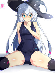 Rule 34 | 1girl, black hat, black thighhighs, blue eyes, blue one-piece swimsuit, breasts, commentary request, hat, highres, long hair, medium breasts, old school swimsuit, one-piece swimsuit, original, school swimsuit, sebunsu, simple background, sitting, solo, swimsuit, thighhighs, wariza, white background, white hair, witch hat