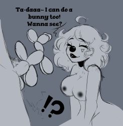 Rule 34 | !?, 1boy, 1girl, balloon animal, commentary, curly hair, english commentary, closed eyes, greyscale, hetero, highres, lips, medium hair, monochrome, nipples, original, penis, seirva, sketch, uncensored, what