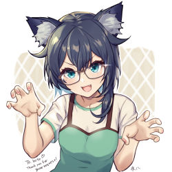 Rule 34 | 1girl, apron, black hair, cat girl, character request, claw pose, commentary request, copyright request, fang, glasses, green apron, green eyes, hair between eyes, medium hair, mole, mole under eye, open mouth, shirt, smile, solo, sparkle, t-shirt, upper body, vrchat, white shirt, yoruhachi