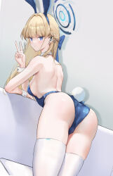 Rule 34 | 1girl, absurdres, animal ears, ass, back, backless leotard, bare arms, bare back, bare shoulders, blonde hair, blue archive, blue bow, blue eyes, blue hairband, blue leotard, blunt bangs, bow, bowtie, braid, breasts, detached collar, dot nose, fake animal ears, from behind, hair over shoulder, hairband, halo, highleg, highleg leotard, highres, leaning on object, leotard, long hair, looking at viewer, medium breasts, official alternate costume, official alternate hairstyle, parted lips, playboy bunny, rabbit ears, shoulder blades, sideboob, skindentation, solo, thighhighs, thighs, toki (blue archive), toki (bunny) (blue archive), tsurime, v, very long hair, white thighhighs, wrist cuffs, zoppi