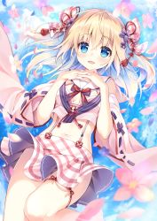 Rule 34 | 1girl, absurdres, argyle, blonde hair, blue eyes, bow, bowtie, breasts, crop top, crop top overhang, detached sleeves, emori el, flower, garter straps, hair bow, hair ornament, highres, interlocked fingers, japanese clothes, kanzashi, liver city, long hair, looking at viewer, lying, medium breasts, midriff, miniskirt, navel, on back, open mouth, own hands together, petals, pink flower, pink shirt, sailor collar, shirt, skirt, solo, stomach, suimya, thigh strap, thighs, two side up, water, white skirt, wide sleeves