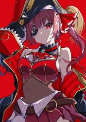 1girl, absurdres, ascot, bangs, bare shoulders, belt, bicorne, black coat, black eyepatch, black headwear, bodystocking, bow, breasts, brooch, brown belt, buttons, character name, coat, cowboy shot, cropped jacket, eyepatch, frilled shirt collar, frills, gold trim, hair ribbon, hat, highres, hololive, houshou marine, jacket, jewelry, large breasts, leather belt, leotard, leotard under clothes, long hair, looking away, midriff, miniskirt, narrow waist, off shoulder, pension z, pirate, pleated skirt, red bow, red eyes, red hair, red jacket, red neckwear, red ribbon, red skirt, ribbon, see-through, sheer leotard, skirt, sleeveless, sleeveless jacket, sleeves past fingers, sleeves past wrists, solo, twintails, two-tone skirt, virtual youtuber