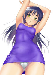 Rule 34 | 10s, 1girl, :o, alternate costume, armpits, arms up, bare legs, bare shoulders, blue hair, breasts, collarbone, covered navel, cowboy shot, from below, long hair, looking at viewer, love live!, love live! school idol festival, love live! school idol project, muffin (sirumeria), panties, parted lips, small breasts, solo, sonoda umi, swimsuit, underwear, upskirt, yellow eyes