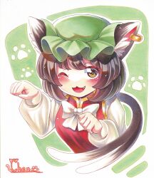 Rule 34 | 1girl, ;3, ;d, animal ear fluff, animal ears, blush, bow, bowtie, breasts, brown eyes, brown hair, cat ears, cat tail, character name, chen, commentary request, cropped torso, earrings, fang, gold trim, green background, green hat, hands up, hat, highres, jewelry, long sleeves, medium hair, mob cap, multiple tails, nekomata, nemonadi, one eye closed, open mouth, paw pose, paw print, paw print background, puffy long sleeves, puffy sleeves, red vest, simple background, single earring, small breasts, smile, solo, swept bangs, tail, touhou, two tails, upper body, vest, white bow, white bowtie