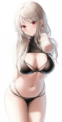 Rule 34 | 1girl, absurdres, arm behind back, bikini, black bikini, blush, breasts, cleavage, closed mouth, cowboy shot, crop top, hand in own hair, highres, large breasts, leaning forward, light smile, long hair, looking at viewer, navel, original, red eyes, sideboob, sidelocks, simple background, skindentation, smile, solo, standing, stomach, straight hair, swimsuit, thighs, torrentduck, white background, white hair