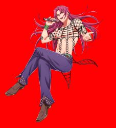 Rule 34 | 1boy, abs, belt, brown footwear, diavolo, full body, holding, holding microphone, jojo no kimyou na bouken, crossed legs, lipstick, long hair, looking at viewer, makeup, microphone, muscular, muscular male, nipples, open mouth, pants, pink hair, purple lips, purple pants, red background, shakuyouka, shoes, simple background, solo, vento aureo