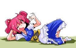 Rule 34 | 1girl, hair bobbles, hair ornament, lying, one eye closed, onozuka komachi, open mouth, red eyes, red hair, shinapuu, short hair, smile, solo, touhou, twintails, two side up