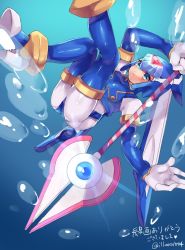 Rule 34 | 1girl, android, blue eyes, blush, boots, bubble, female focus, gloves, helmet, high heels, holding, holding weapon, illness1004, knees together feet apart, legs up, fairy leviathan (mega man), polearm, mega man (series), mega man zero (series), solo, thigh boots, thighhighs, twitter username, underwater, water, weapon, white gloves