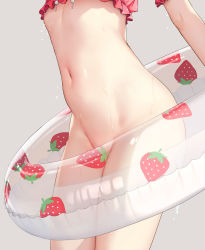 Rule 34 | 1girl, bikini, bikini top only, bottomless, commentary request, convenient censoring, cowboy shot, food print, groin, head out of frame, highres, holding, ichigo-chan (mignon), innertube, mignon, navel, original, polka dot, polka dot bikini, red bikini, solo, stomach, strawberry print, sweat, swim ring, swimsuit, transparent