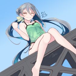 Rule 34 | 10s, 1girl, alternate costume, bare arms, bare legs, bare shoulders, blue background, camisole, collarbone, commentary request, eyebrows, closed eyes, grey hair, hair between eyes, hair ribbon, highres, kantai collection, kiyoshimo (kancolle), long hair, no bra, polka dot, ribbon, simple background, sitting, solo, tebi (tbd11), twintails, very long hair