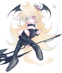 Rule 34 | 1girl, bandeau, black bandeau, black footwear, black skirt, black wings, boots, closed mouth, green eyes, hair between eyes, hair ornament, head wings, heart, heterochromia, highres, holding, holding weapon, knee boots, long hair, looking at viewer, original, red eyes, reitoubeef, simple background, skirt, solo, sweat, v, very long hair, weapon, white background, wings