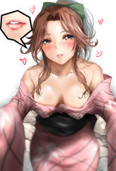 Rule 34 | 1girl, areola slip, blush, bow, breasts, breasts apart, brown eyes, brown hair, cleavage, collarbone, downblouse, green bow, hair bow, heart, highres, incoming kiss, japanese clothes, jintsuu (kancolle), kantai collection, kimono, long hair, looking at viewer, medium breasts, no bra, off shoulder, official alternate costume, parted bangs, parted lips, pink kimono, ponytail, solo, teeth, tororo ten, upper teeth only, white background, yukata