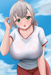 Rule 34 | 1girl, 9696k, :o, absurdres, arm at side, bare arms, blue sky, breasts, cloud, cloudy sky, collarbone, cowboy shot, day, eyelashes, from below, green eyes, grey hair, gym uniform, hair between eyes, hand up, highres, hololive, large breasts, leaning forward, looking at viewer, open mouth, outdoors, pants, ponytail, red pants, see-through, shirogane noel, shirt, short sleeves, sky, sportswear, sweat, t-shirt, virtual youtuber, wet, wet clothes, wet shirt, white shirt