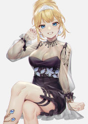 Rule 34 | 1girl, black dress, blonde hair, blue eyes, breasts, cleavage, commentary, crossed legs, dress, earrings, feet out of frame, grin, hair bun, hand up, highres, hololive, hololive english, jewelry, large breasts, long sleeves, looking at viewer, mole, mole on breast, see-through, simple background, single hair bun, sitting, smile, solo, thigh strap, tiara, virtual youtuber, watch, watson amelia, watson amelia (party dress), wenz, white background, wristwatch