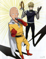 Rule 34 | 2boys, absurdres, bald, blonde hair, boots, cape, cyborg, emphasis lines, genos, gloves, highres, instrument, karaoke, male focus, microphone, multiple boys, official art, one-punch man, red footwear, red gloves, rubber boots, saitama (one-punch man), shadow, short hair, superhero costume, tambourine, toda mai, white cape