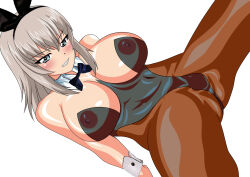 Rule 34 | 1girl, absurdres, bare shoulders, blue eyes, blush, bow, bowtie, breasts, clenched teeth, covered erect nipples, detached collar, girls und panzer, grey hair, highres, itsumi erika, large breasts, leotard, looking at viewer, medium hair, mevius9, nipples, pantyhose, playboy bunny, rabbit ears, see-through, see-through leotard, solo, spread legs, teeth