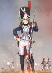 Rule 34 | 1girl, bayonet, blue eyes, boots, brown footwear, brown hair, buttons, epaulettes, erica (naze1940), france, grass, gun, hand on own hip, hat, highres, jacket, light smile, long sleeves, looking at viewer, military, military uniform, original, pants, rifle, saber (weapon), shako cap, short hair, soldier, solo focus, sword, tree, uniform, war, weapon, white pants