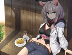 Rule 34 | 1girl, absurdres, animal ears, belt, breasts, cheese, chinese zodiac, coat, food, green eyes, highres, large breasts, looking at viewer, lying, medium hair, mouse ears, mouse girl, navel, on back, original, parted lips, plate, shorts, solo, suiroh (shideoukami), white coat, year of the rat