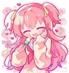 Rule 34 | 1girl, :d, blush, cardigan, closed eyes, dango, facing viewer, food, hair between eyes, hair ribbon, hand on own cheek, hand on own face, happy birthday, heart, highres, holding, holding food, long hair, long sleeves, momoi airi, neckerchief, open mouth, pink hair, project sekai, red neckerchief, ribbon, richard (richaball), sailor collar, school uniform, sidelocks, sleeve cuffs, smile, solo, two side up, upper body, wagashi, white sailor collar, yellow cardigan, yellow ribbon