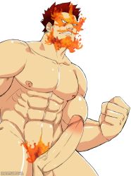 Rule 34 | 10s, 1boy, abs, artist request, bad id, bad tumblr id, bara, boku no hero academia, clenched hand, collarbone, completely nude, endeavor (boku no hero academia), erection, facial hair, fire, glans, hand up, highres, male focus, muscular, nipples, nude, parted lips, pectorals, penis, red hair, short hair, simple background, solo, spiked hair, standing, teeth, testicles, thighs, uncensored, white background