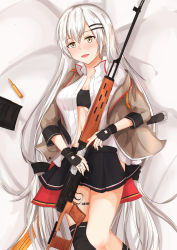 Rule 34 | 1girl, absurdres, asymmetrical legwear, barcode, barcode tattoo, black gloves, black skirt, black thighhighs, blush, breasts, brown jacket, cleavage, dragunov svd, from above, girls&#039; frontline, gloves, grey eyes, grey hair, gun, hair ornament, hairclip, highres, huge filesize, jacket, knee up, long hair, looking at viewer, medium breasts, military, military uniform, muteppona hito, open clothes, open mouth, open shirt, rifle, shirt, simple background, skirt, sniper rifle, solo, svd (girls&#039; frontline), tattoo, thighhighs, uneven legwear, uniform, weapon, white hair, white shirt