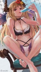 Rule 34 | 1girl, arm support, bare legs, bare shoulders, barefoot, blonde hair, blurry, breasts, chair, collarbone, dark angel olivia, depth of field, elbow gloves, flower, food, gloves, granblue fantasy, hair flower, hair ornament, halterneck, hibiscus, highres, horns, long hair, looking at viewer, medium breasts, olivia (summer) (granblue fantasy), popsicle, red eyes, see-through, shadowverse, shingeki no bahamut, sitting, solo, spread legs, tongue, tongue out, uwatsuki isshiki, wings