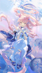 Rule 34 | 1girl, absurdres, blue theme, blunt bangs, bow-shaped hair, bubble, chinese commentary, choker, commentary, frilled sleeves, frills, full body, genshin impact, gloves, gradient hair, half gloves, highres, kaeki, lace-trimmed choker, lace trim, looking at viewer, multicolored hair, pink hair, purple eyes, sangonomiya kokomi, shorts, solo, underwater, water drop, white gloves, white shorts, wide sleeves