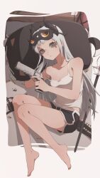 Rule 34 | 1girl, absurdres, ammunition belt, arknights, bare legs, barefoot, breasts, camisole, cat-shaped pillow, closed mouth, dolphin shorts, grey eyes, grey hair, gun, handgun, head wings, highres, holding, if f, irene (arknights), long hair, looking at viewer, lying, midriff peek, pillow, rapier, revolver, scar, scar across eye, scar on face, shorts, sleep mask, small breasts, solo, sword, weapon, white camisole, wings