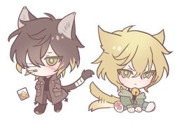 Rule 34 | 2boys, animal ears, annoyed, bad id, bad pixiv id, bandaged tail, bell, black hair, black shirt, blonde hair, brown coat, brown hair, cat boy, cat ears, cat tail, chibi, cigarette, closed mouth, coat, dual persona, eyepatch, frown, full body, green eyes, green jacket, hair between eyes, hands in pockets, jacket, kemonomimi mode, long sleeves, looking at viewer, male focus, medical eyepatch, meremero, mouth hold, multicolored hair, multiple boys, neck bell, scar, scar on face, shirt, short hair, simple background, sitting, slow damage, smoking, tail, tail wagging, towa (slow damage), white background