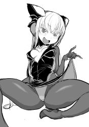 Rule 34 | 1girl, blush, bodysuit, bodysuit under clothes, dress, electro alice, greyscale, headgear, high heels, ken (koala), long hair, looking at viewer, monochrome, open mouth, original, short dress, simple background, sitting, skin tight, smile, solo, white background