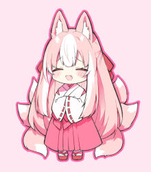 Rule 34 | 1girl, animal ear fluff, animal ears, blush, chibi, closed eyes, fang, fox ears, fox girl, fox tail, hakama, japanese clothes, kamiyoshi rika, long hair, miko, multicolored hair, multiple tails, okitsune-sama (kamiyoshi rika), open mouth, original, own hands together, pink background, pink hair, pink hakama, ribbon-trimmed sleeves, ribbon trim, sandals, simple background, smile, solo, tail, two-tone hair, wide sleeves, zouri