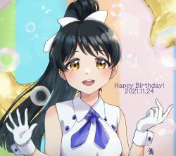 Rule 34 | 1girl, absurdres, birthday, black hair, breasts, bubble, commentary, dated, english text, gloves, happy birthday, hazuki ren, high ponytail, highres, kyaku tasu, long hair, looking at viewer, love live!, love live! superstar!!, medium breasts, ponytail, signature, solo, upper body, white gloves, wish song, yellow eyes