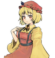 Rule 34 | 1girl, aki minoriko, apron, blonde hair, collared shirt, food-themed hat ornament, fruit hat ornament, ginnkei, grape hat ornament, hat, hat ornament, long sleeves, mob cap, parted lips, red apron, red eyes, red hat, shirt, short hair, simple background, solo, touhou, white background, wide sleeves, yellow shirt
