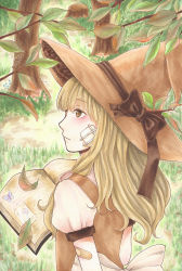 Rule 34 | 1girl, alternate color, alternate eye color, bad id, bad pixiv id, bandages, bandage on face, bandaid, bandaid on arm, blonde hair, book, brown eyes, expressionless, forest, from behind, grass, hat, hat ribbon, kirisame marisa, leaf, long hair, looking away, looking to the side, marker (medium), memori (nightazuresky), mixed media, nature, open book, puffy short sleeves, puffy sleeves, ribbon, short sleeves, solo, touhou, traditional media, tree stump, witch hat