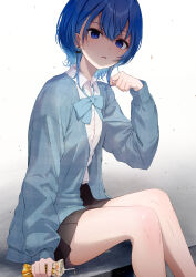Rule 34 | 1girl, absurdres, alternate costume, blue bow, blue eyes, blue hair, bow, bowtie, cardigan, collared shirt, commentary, crushing, earrings, empty eyes, hair between eyes, highres, hihi (oekakihix), hololive, hoshimachi suisei, jewelry, juice, juice box, looking at viewer, open mouth, orange juice, parted lips, pixie cut, school uniform, shaded face, shirt, short hair, sitting, skirt, solo, virtual youtuber, white shirt