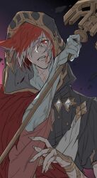 Rule 34 | 1boy, blood, bruise, cloak, crystal exarch, final fantasy, final fantasy xiv, g&#039;raha tia, hair over one eye, highres, holding, holding scepter, hood, hooded cloak, injury, male focus, material growth, miqo&#039;te, multicolored hair, one eye covered, parted lips, red eyes, red hair, scepter, streaked hair, tladpwl03