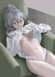 1girl absurdres armchair chair grey_eyes grey_hair highres hliroha honkai:_star_rail honkai_(series) indoors long_hair looking_at_viewer navel no_pants panties silver_wolf_(honkai:_star_rail) solo stomach sweater thighs underwear white_panties white_sweater