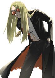 Rule 34 | 1boy, black jacket, black pants, blonde hair, fate/grand order, fate (series), from below, hands in pockets, highres, jacket, jewelry, leaning, long hair, long jacket, looking at viewer, male focus, medallion, necklace, o-miya (ohmiya you), open clothes, open jacket, orange-tinted eyewear, pants, shirt, signature, simple background, smile, solo, sunglasses, tezcatlipoca (fate), tinted eyewear, white background, white shirt