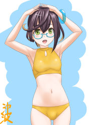 Rule 34 | 1girl, bikini, black hair, blue-framed eyewear, bracelet, breasts, character name, commentary request, cowboy shot, glasses, green eyes, halterneck, hands on own head, highres, jewelry, kantai collection, looking at viewer, multicolored hair, navel, official alternate costume, okinami (kancolle), okinami kai ni (kancolle), pink hair, short hair, small breasts, solo, swimsuit, t2r, two-tone background, yellow bikini
