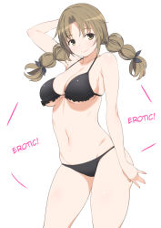 Rule 34 | 1girl, arm up, bikini, braid, breasts, brown eyes, brown hair, cleavage, frilled bikini, frills, groin, hard-translated, highres, large breasts, light brown hair, navel, nora higuma, ootani momoko, photokano, smile, solo, swimsuit, thick thighs, thighs, third-party edit, translated, twin braids, underboob