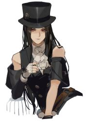 Rule 34 | 1boy, androgynous, bare shoulders, belt, black hair, black suit, collared shirt, commentary, cup, english commentary, formal, gloves, guilty gear, guilty gear strive, hat ornament, highres, long hair, looking at viewer, red eyes, shirt, simple background, skull hat ornament, solo, suit, tea, teacup, testament (guilty gear), trap, uncle rabbit ii, white background, white gloves, white shirt