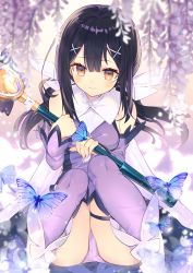 Rule 34 | 1girl, black hair, boots, brown eyes, bug, butterfly, detached sleeves, fate/kaleid liner prisma illya, fate (series), hair ornament, hairclip, highres, insect, kirie nozomi, knees together feet apart, leotard, long hair, magical sapphire, miyu edelfelt, purple leotard, purple thighhighs, sitting, smile, solo, staff, thigh strap, thighhighs, twintails, white footwear