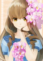 Rule 34 | 1girl, amrta, bad link, blue shirt, brown eyes, brown hair, closed mouth, collarbone, drill hair, drill sidelocks, flower, flower request, hand on own face, kaishou rie, long hair, looking at viewer, pink flower, shirt, short sleeves, sidelocks, smile, solo, straight-on, un-go, upper body, very long hair